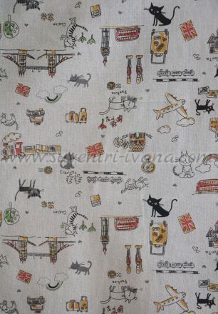 Детски плат лен и памук с котки, влакове и лондонски мотиви