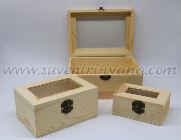 Натурални дървени кутии със стъклен капак, комплект 3 броя