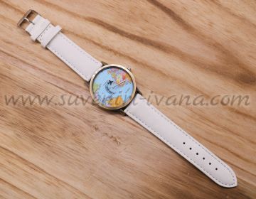Часовник за ръка карта на света, бяла каишка