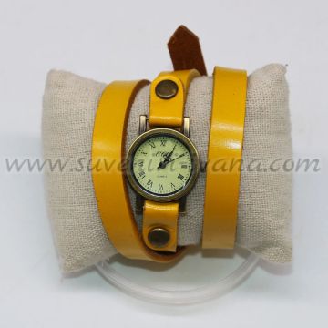 Часовник за ръка тип гривна с жълта каишка от естествена кожа