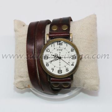 Дамски ръчен часовник тип гривна с тъмнокафява каишка от естествена кожа
