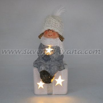 светеща коледна фигурка дете с подарък с LED лампичка