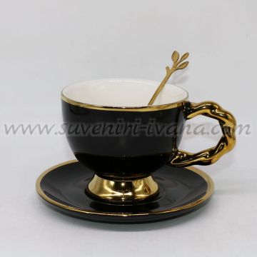 комплект луксозна черна чаша с чинийка и лъжичка