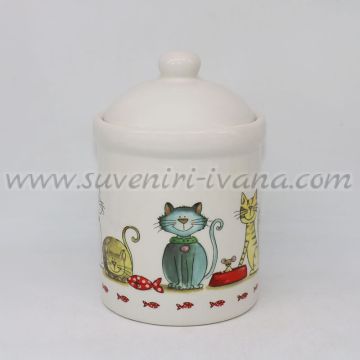 керамичен буркан с капак и декорация котки