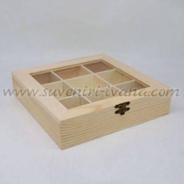 дървена кутия за чай с прозрачен капак и 9 отделения