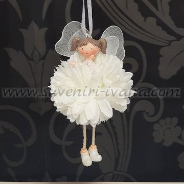 Висящо декоративно ангелче с два кока, бяла рокля и крила – фигурка за окачване