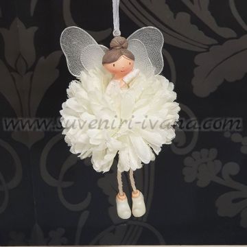 Висящо декоративно ангелче с бяла рокля и прическа кок – фигурка за окачване