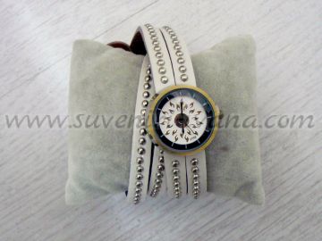 Винтидж часовник гривна с бяла каишка от естествена кожа