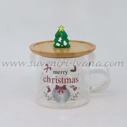 стъклена чаша с коледен дизайн и бамбуково капаче - Merry Christmas