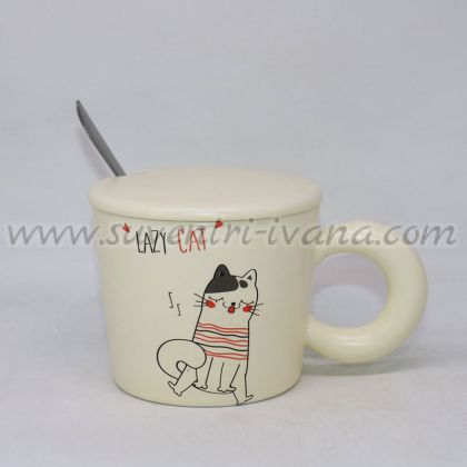 чаша с коте „Lazy Cat“ с капаче и лъжичка