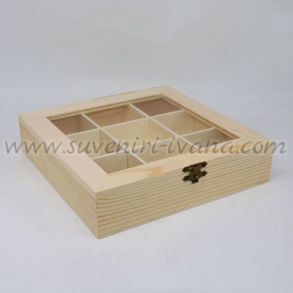 дървена кутия за чай с прозрачен капак и 9 отделения