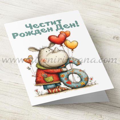 картичка за 6 години с животинче и балони