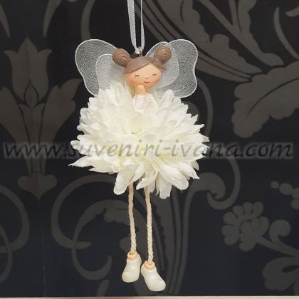 Висящо декоративно ангелче с бяла рокля и крила – фигурка за окачване