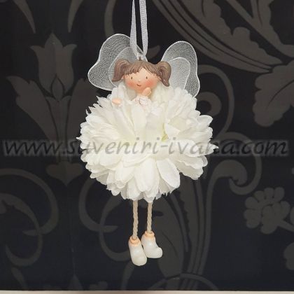 Висящо декоративно ангелче с два кока, бяла рокля и крила – фигурка за окачване