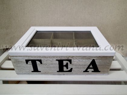 Дървена кутия за чай със стъклен капак  23,0 х 7,0 х 16,0 см.