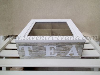 Дървена кутия за чай със стъклен капак 19,0 х 7,0 х 19,0 см.