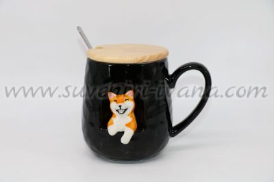 черна чаша с лисичка бамбуково капаче и лъжичка