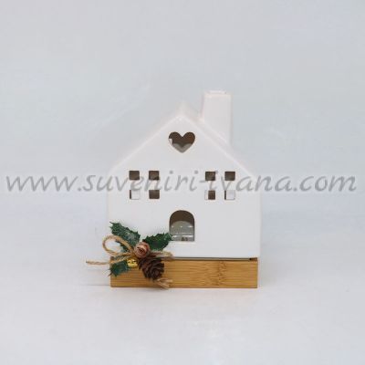 Светеща керамична къщичка върху бамбукова основа, малка