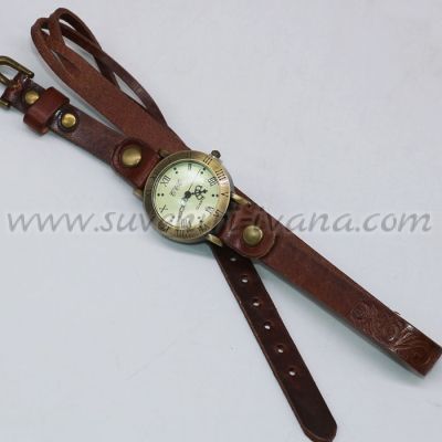 винтидж ръчен часовник тип гривна с кафява каишка от естествена кожа