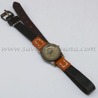 винтидж ръчен часовник тип гривна с кафява каишка от естествена кожа