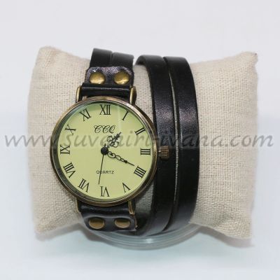 часовник за ръка тип гривна с черна каишка от естествена кожа