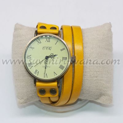 винтидж ръчен часовник тип гривна с жълта каишка от естествена кожа