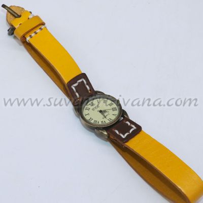 часовник за ръка тип гривна с жълта каишка от естествена кожа