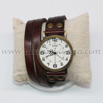 дамски часовник за ръка тип гривна с тъмнокафява каишка от естествена кожа