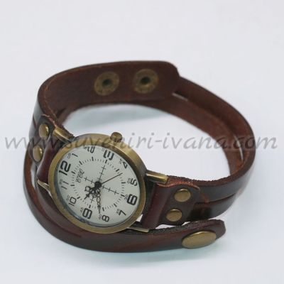 дамски винтидж ръчен часовник тип гривна с тъмнокафява каишка от естествена кожа