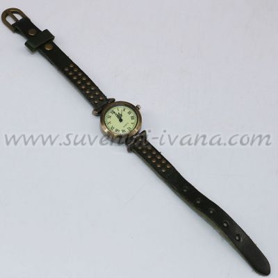 винтидж ръчен часовник с тъмнозелена каишка от естествена кожа с капси