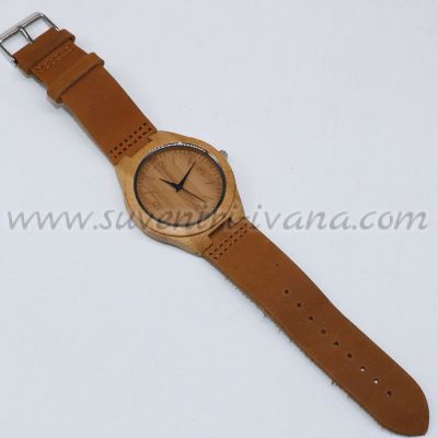 дървен ръчен часовник със светлокафява каишка от еко кожа модел пет