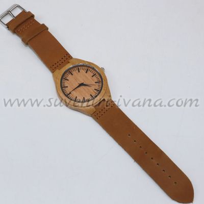 дървен ръчен часовник със светлокафява каишка от еко кожа модел шест