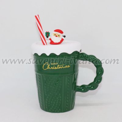 Зелена коледна чаша „Merry Christmas“ със силиконов капак и сламка