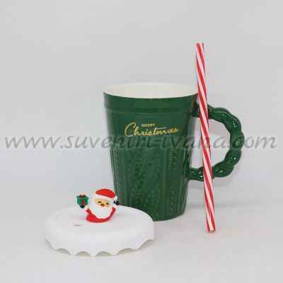 зелена чаша за коледа с капаче и сламка