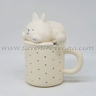 керамична чаша с капаче коте и лъжичка