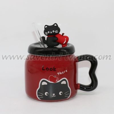 Керамична чаша с коте, капак и стъклена сламка, модел едно