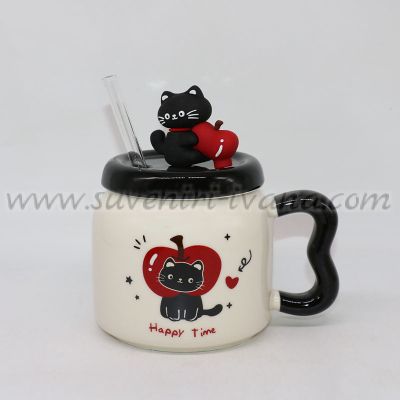 Керамична чаша с коте, капак и стъклена сламка, модел две