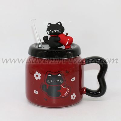 Керамична чаша с коте, капак и стъклена сламка, модел три