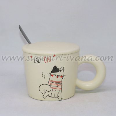 чаша с коте „Lazy Cat“ с капаче и лъжичка