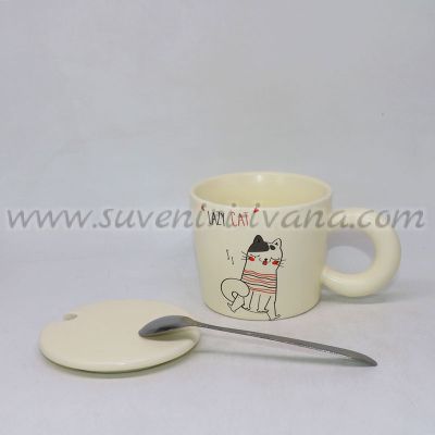 чаша с коте „Lazy Cat“ с капаче и лъжичка