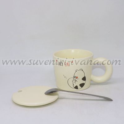чаша с котка „Lazy Cat“ с капаче и лъжичка