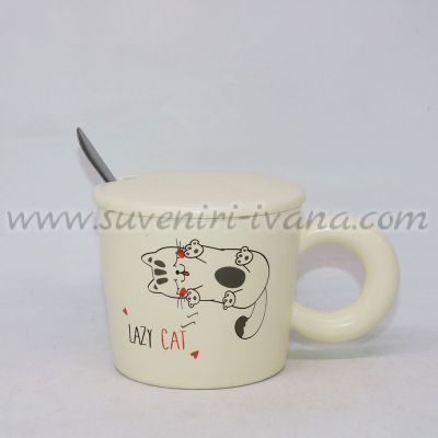 Керамична чаша с капак и лъжичка Lazy Cat, модел три