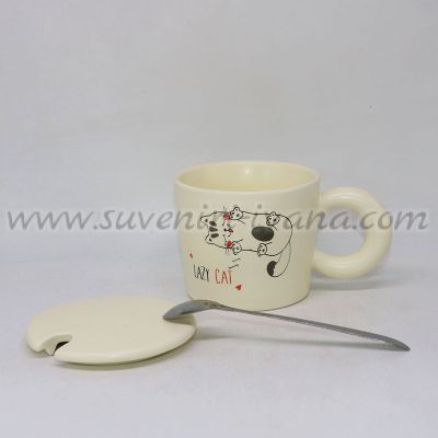 чаша с котка „Lazy Cat“ с капаче и лъжичка