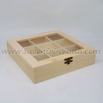 дървена кутия за чай с прозрачен капак и 9 отделения