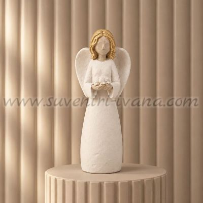 Малка бяла декоративна фигурка ангел с птичка – 6,5 см