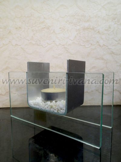 Свещник от стъкло и алуминий 14,0 х 5,2 х 8,5 см.