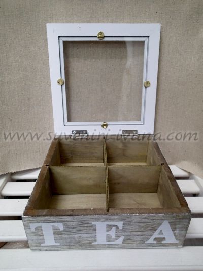 Дървена кутия за чай със стъклен капак 19,0 х 7,0 х 19,0 см.