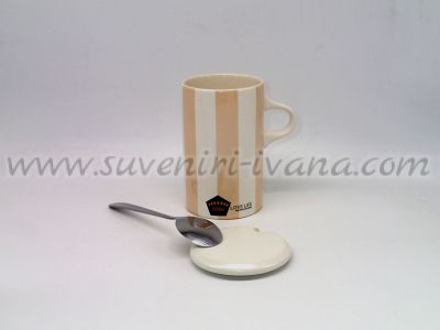 Порцеланова чаша в бяло и охра с капаче и лъжичка
