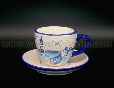 Керамична чаша с морски мотив с чинийка